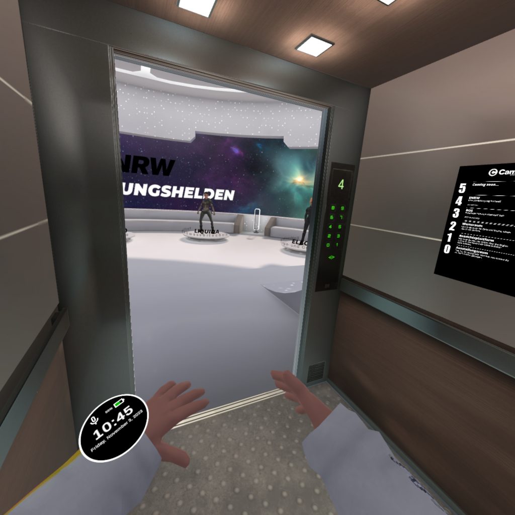 Per Fahrstuhl kann man in viele Stockwerke des virtuellen Turms gelangen. Die Aussteller können sich Räume individuell einrichten, um in der VR-Brille maximale Aufmerksamkeit der Besucher zu haben.